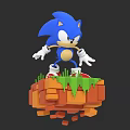 Blue Sonic the Hedgehog Standing on Floating Platform With Green Grass and Orange Blocks