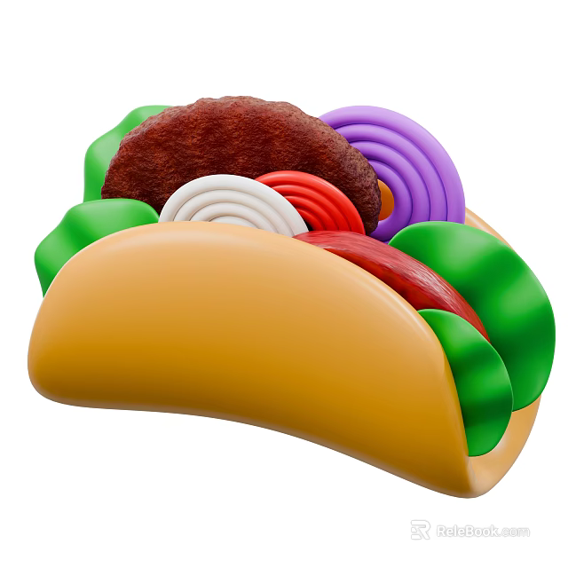 Taco With Yellow Shell Green Veggies Red Sauce White Purple Onion Rings Brown Meat Patty 3d model 