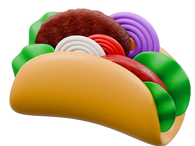 Taco With Yellow Shell Green Veggies Red Sauce White Purple Onion Rings Brown Meat Patty 3d model
