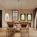 Modern Living Dining Room Interior With Calligraphy Paintings Sofa Coffee Table And Area Rug