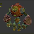 Orange Mechanical Robot Character With Green Glowing Eyes And 3D Model Design