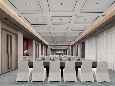 Spacious Modern Conference Room Interior With Long Table White Covered Chairs And Curtains 3d model