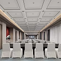 Spacious Modern Conference Room Interior With Long Table White Covered Chairs And Curtains