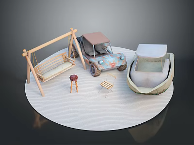 Scene Components With Wooden Swing Vintage Toy Car Small Boat Stool Chair On Sandy Surface 3d model