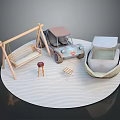 Scene Components With Wooden Swing Vintage Toy Car Small Boat Stool Chair On Sandy Surface