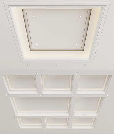 Elegant Modern White Ceiling Design With Decorative Panels And Embedded Lights 3d model