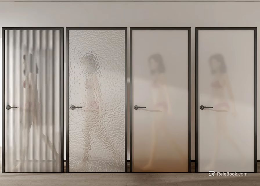 Four Modern Hinged Doors With Various Glass Textures Black Frames And White Background 3d model 