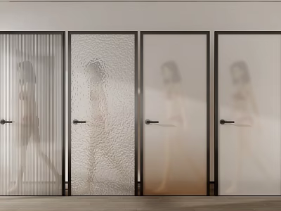 Four Modern Hinged Doors With Various Glass Textures Black Frames And White Background 3d model