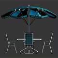 Outdoor Round Table Set With Blue Striped Umbrella And Metal Chairs