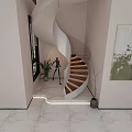 Modern Spiral Staircase With Wooden Steps Green Plant Wall Painting And Marble Floor
