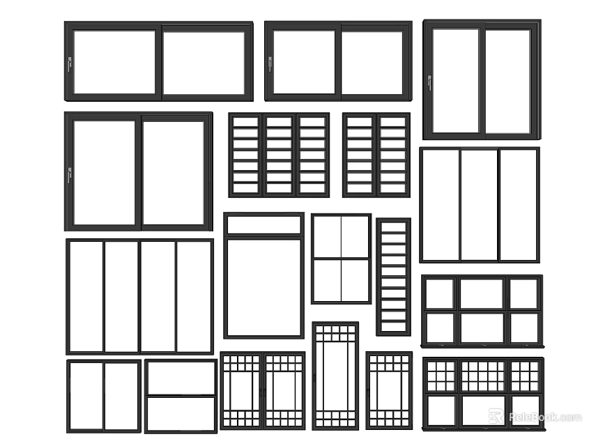 Assorted Window Frame Styles Featuring Sliding Casement And Grille Designs 3d model