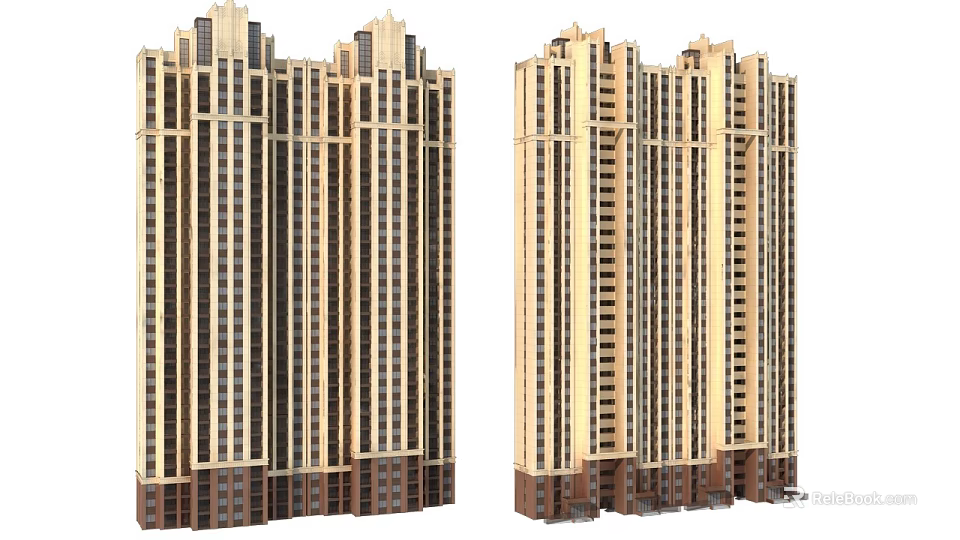 Modern High Rise Residential Building Exterior With Beige Brown Facade And Windows 3d model 