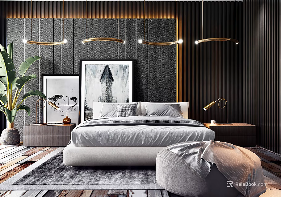 Elegant Modern Double Bed Interior With Golden Pendant Lights And Framed Artworks 3d model 
