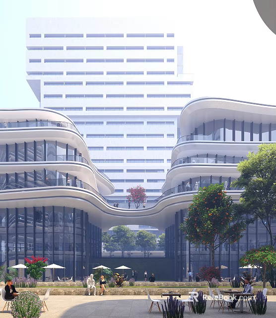 Modern Office Building With Curved Design Glass Curtain Walls Multi Storey Structure And Connecting Corridor 3d model 