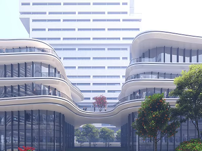 Modern Office Building With Curved Design Glass Curtain Walls Multi Storey Structure And Connecting Corridor 3d model