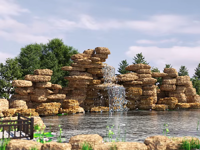Waterfront Landscape With Rock Formation Waterfall Pond Trees And Wooden Bench 3d model