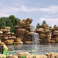 Waterfront Landscape With Rock Formation Waterfall Pond Trees And Wooden Bench