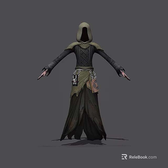 Hooded Dark Colored Robe Game Movie Character With Mystical Waist Accessories Standing Pose 3d model 