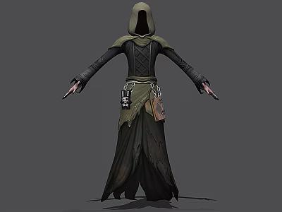 Hooded Dark Colored Robe Game Movie Character With Mystical Waist Accessories Standing Pose 3d model