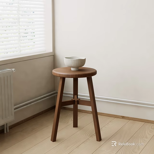 Round Wooden Side Table With White Bowl Near Window On Light Wall Wooden Floor 3d model 