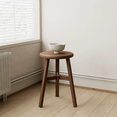 Round Wooden Side Table With White Bowl Near Window On Light Wall Wooden Floor 3d model
