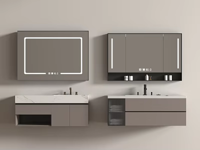 Modern Bathroom Cabinet With LED Mirror Gray Finish Marble Countertop And Toiletries Storage 3d model