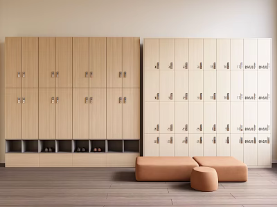 Wooden And White Storage Cabinets With Lockable Doors Open Shelves And Bench In Room 3d model