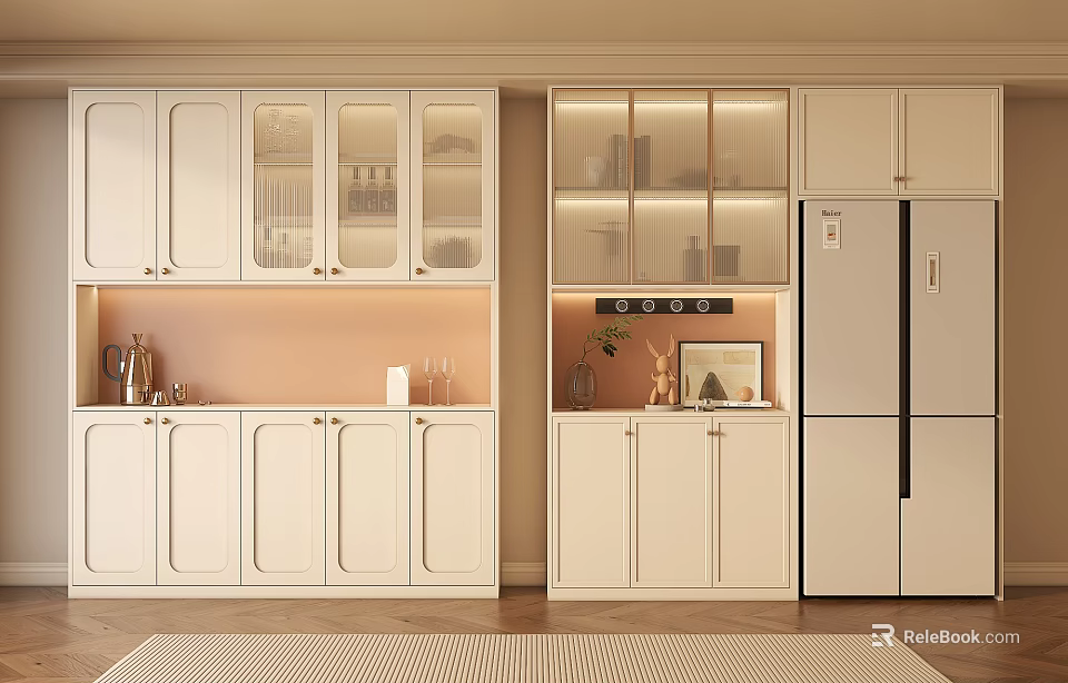 Modern White Kitchen Interior With Glass Door Wine Cabinet And Wine Glass Storage 3d model 