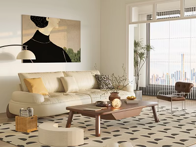 Modern Living Room Interior Design With Beige Sofa Black White Rug And City View 3d model