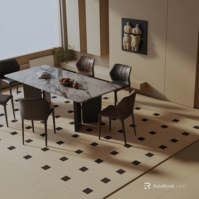 Modern Dining Table Set with Marble Top Dark Chairs and Geometric Rug in Elegant Interior 3d model 