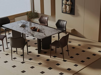 Modern Dining Table Set with Marble Top Dark Chairs and Geometric Rug in Elegant Interior 3d model