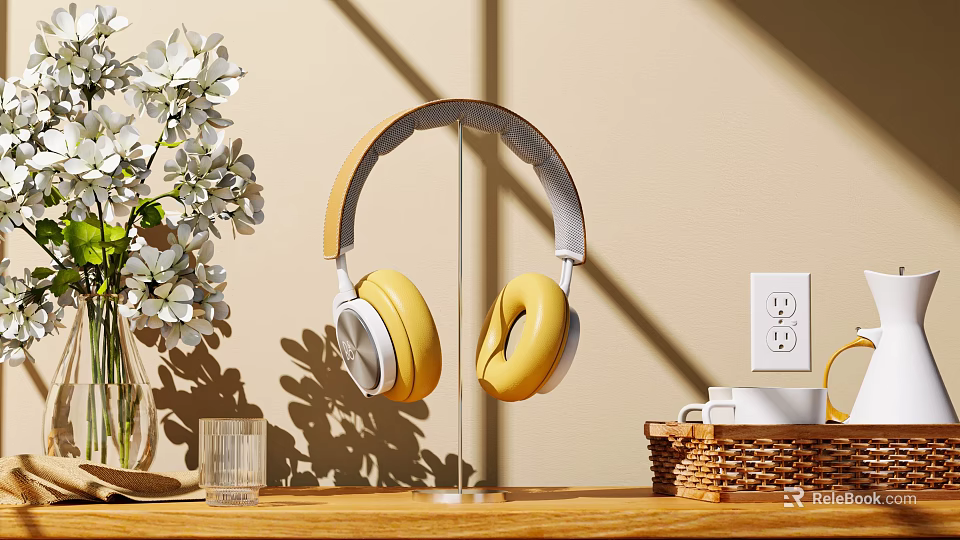 Accessory Ornament Combination With Yellow Headphones Stand White Flower Bouquet Glass Cup Woven Basket 3d model 