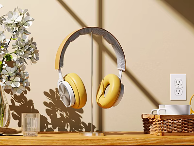 Accessory Ornament Combination With Yellow Headphones Stand White Flower Bouquet Glass Cup Woven Basket 3d model