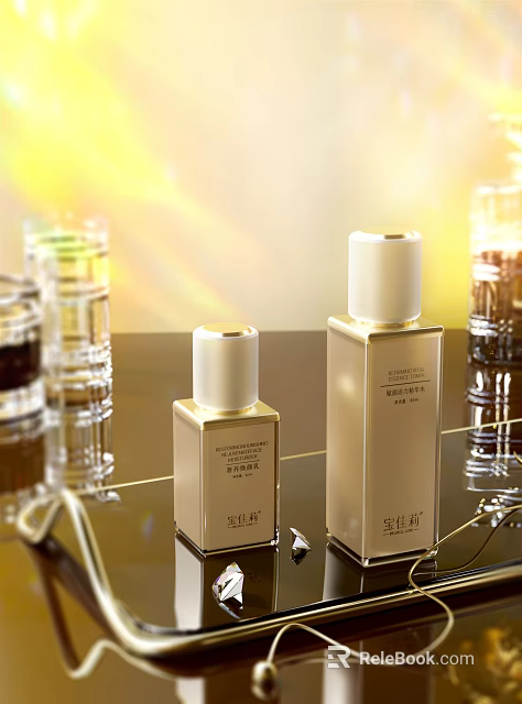 Luxury Perfume Cosmetics With Golden Square Bottles On Shiny Reflective Surface 3d model 
