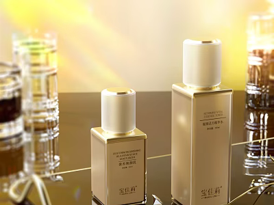 Luxury Perfume Cosmetics With Golden Square Bottles On Shiny Reflective Surface 3d model