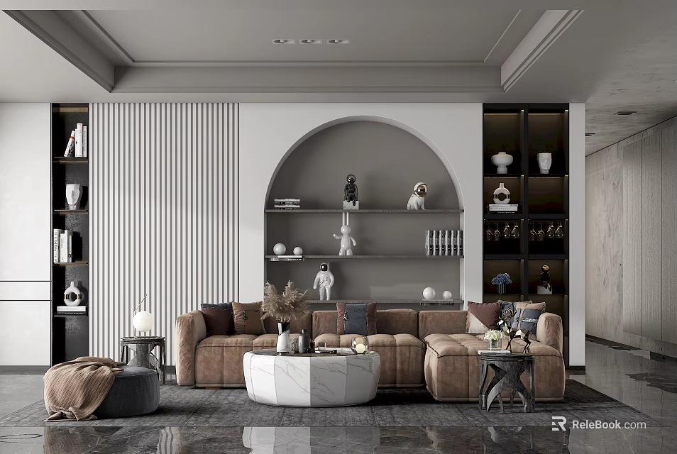 Elegant Modern Sofa And Coffee Table Set With Arched Shelf Decorative Vases And Neutral Tones 3d model 