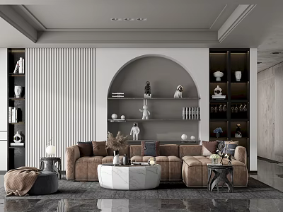 Elegant Modern Sofa And Coffee Table Set With Arched Shelf Decorative Vases And Neutral Tones 3d model
