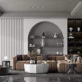 Elegant Modern Sofa And Coffee Table Set With Arched Shelf Decorative Vases And Neutral Tones