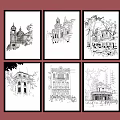 Six Decorative Architectural Line Drawings In Black Frames Hanging On Red Wall 3d model