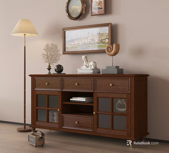 Warm Classic Wooden Sideboard Cabinet With Statue Shell Decor Floor Lamp And Painting 3d model 