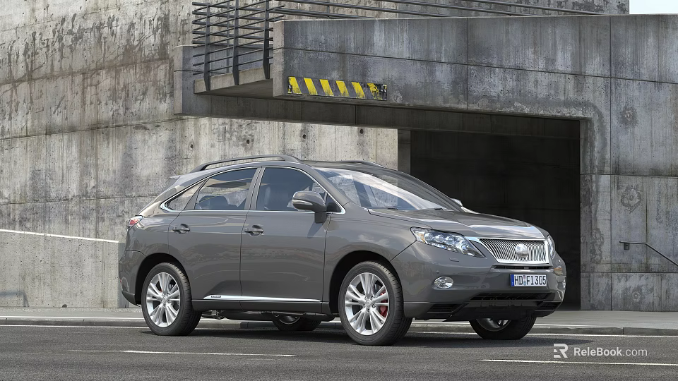 Gray SUV Car Parked Near Concrete Tunnel Entrance With Yellow Black Warning Stripes 3d model 
