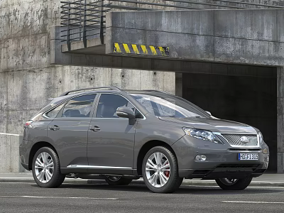 Gray SUV Car Parked Near Concrete Tunnel Entrance With Yellow Black Warning Stripes 3d model