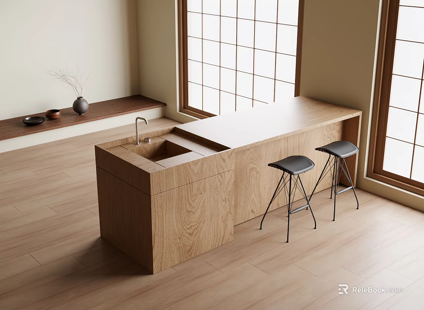 Modern Wooden Bar Counter With Black Stools And Large Windows For Natural Light 3d model 