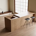 Modern Wooden Bar Counter With Black Stools And Large Windows For Natural Light