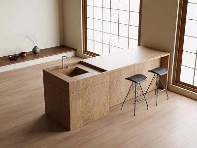 Modern Wooden Bar Counter With Black Stools And Large Windows For Natural Light 3d model
