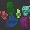 Traditional Ceramic Vases Collection With Ornate Patterns And Various Shapes 3d model