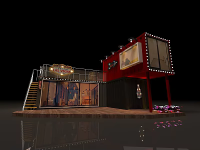 Modern Container Building With Two Units Display Windows Staircase Wooden Deck And String Lights 3d model