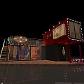 Modern Container Building With Two Units Display Windows Staircase Wooden Deck And String Lights