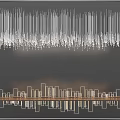 Modern Chandelier Design With Long Slender Glass Pendants Above Wooden Shelf With Geometric Decor