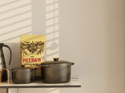 Sunlit Rustic Cookware With Lid Pot Kettle And PETRUS Bag On Shelf 3d model